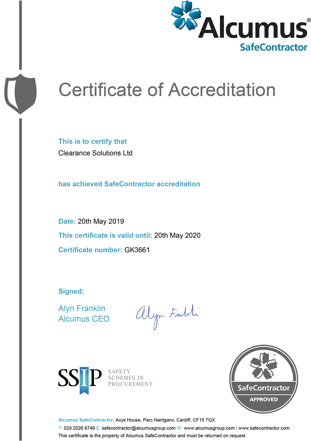 SAFECONTRACTOR ACCREDITATION Certificate